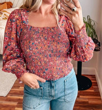 Umorger - Floral Print Smocked Long Sleeve Top