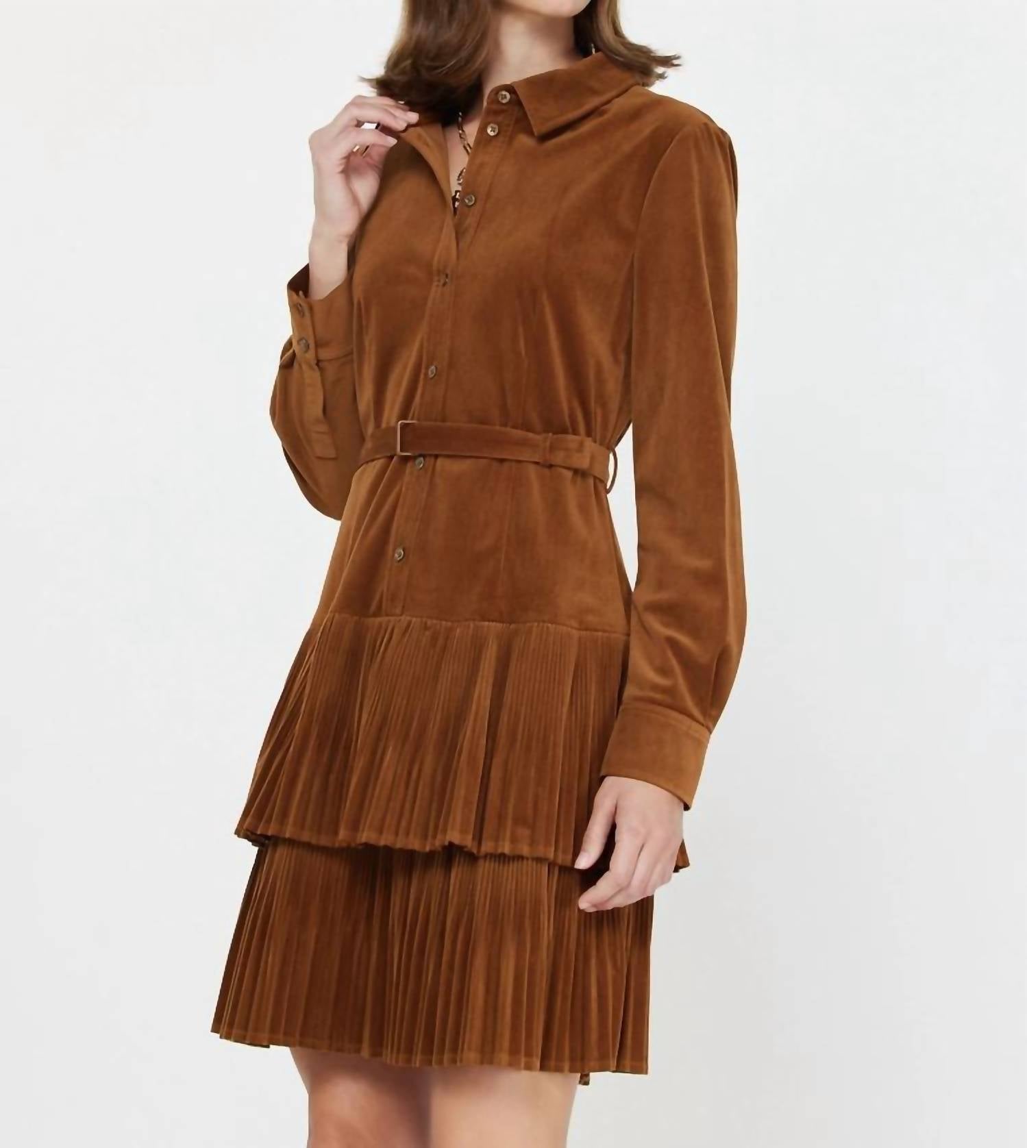 Current Air - Velvet Pleated Tiered Shirt Mini Dress