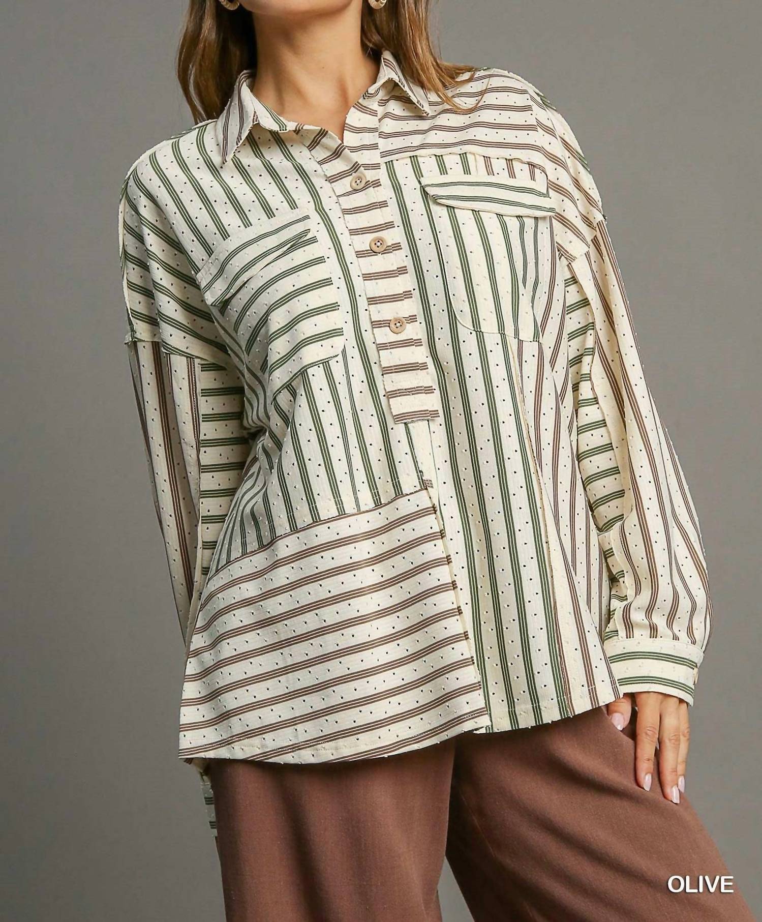 Umgee - Colorblock Stripe Collared Button-Down Top