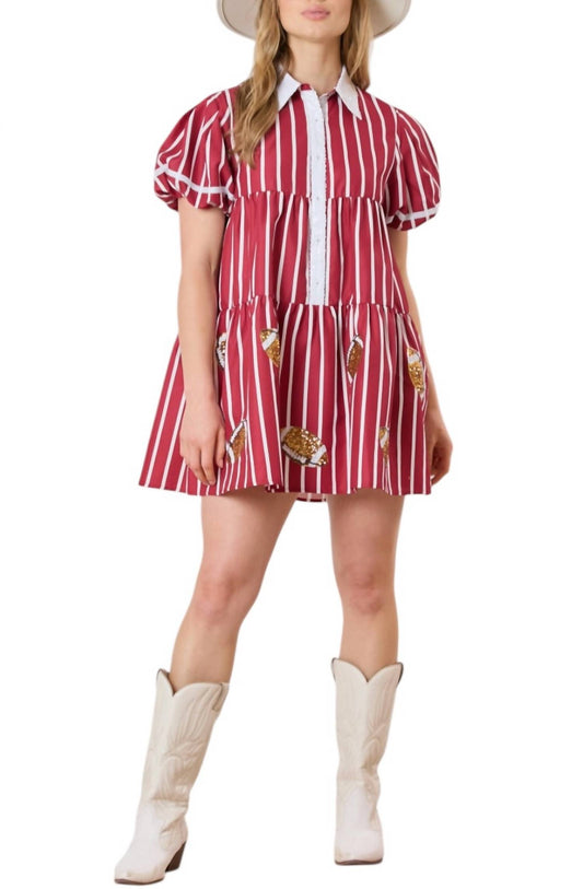 Peach Love - Game Day Sequin Footballs Stripe Shirt Dress