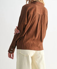 Fun 2 Fun Twist Hem Button Down Blouse in brown - women's blouse - alternate view
