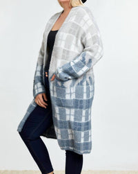 Davi & Dani - Color Block Plaid Pattern Long Cardigan