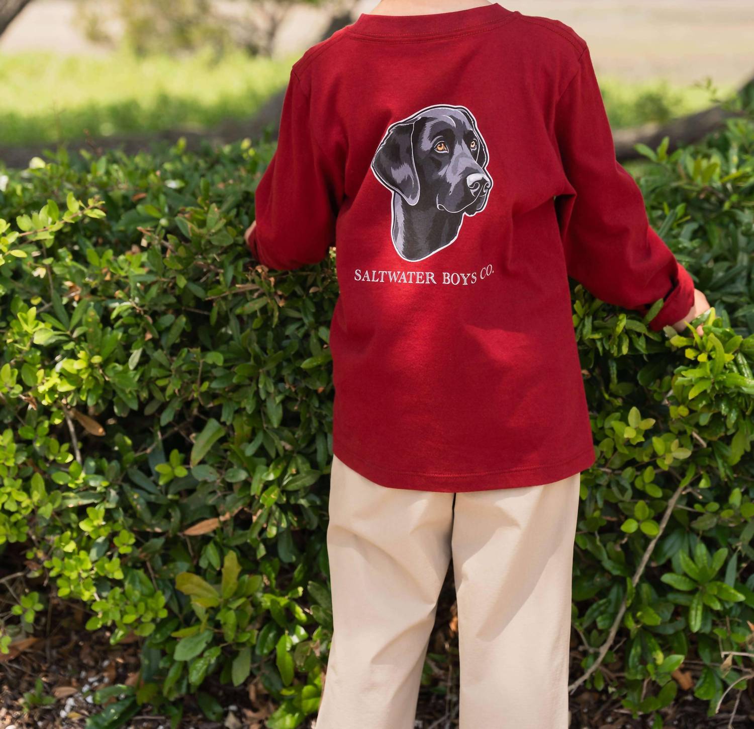Saltwater Boys Co. Black Lab Tee in maroon - kids' shirt - detail view