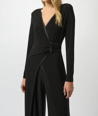 Joseph Ribkoff - Faux Leather Trim Wrap Jumpsuit