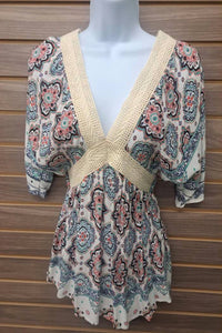 Hummingbird - Women's Open Back Linen Lace Paisley Top