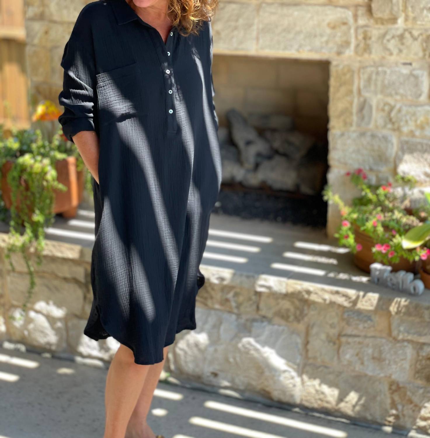 Before You Collection - Gauze Button Up Shirtdress - black - clothing - cotton