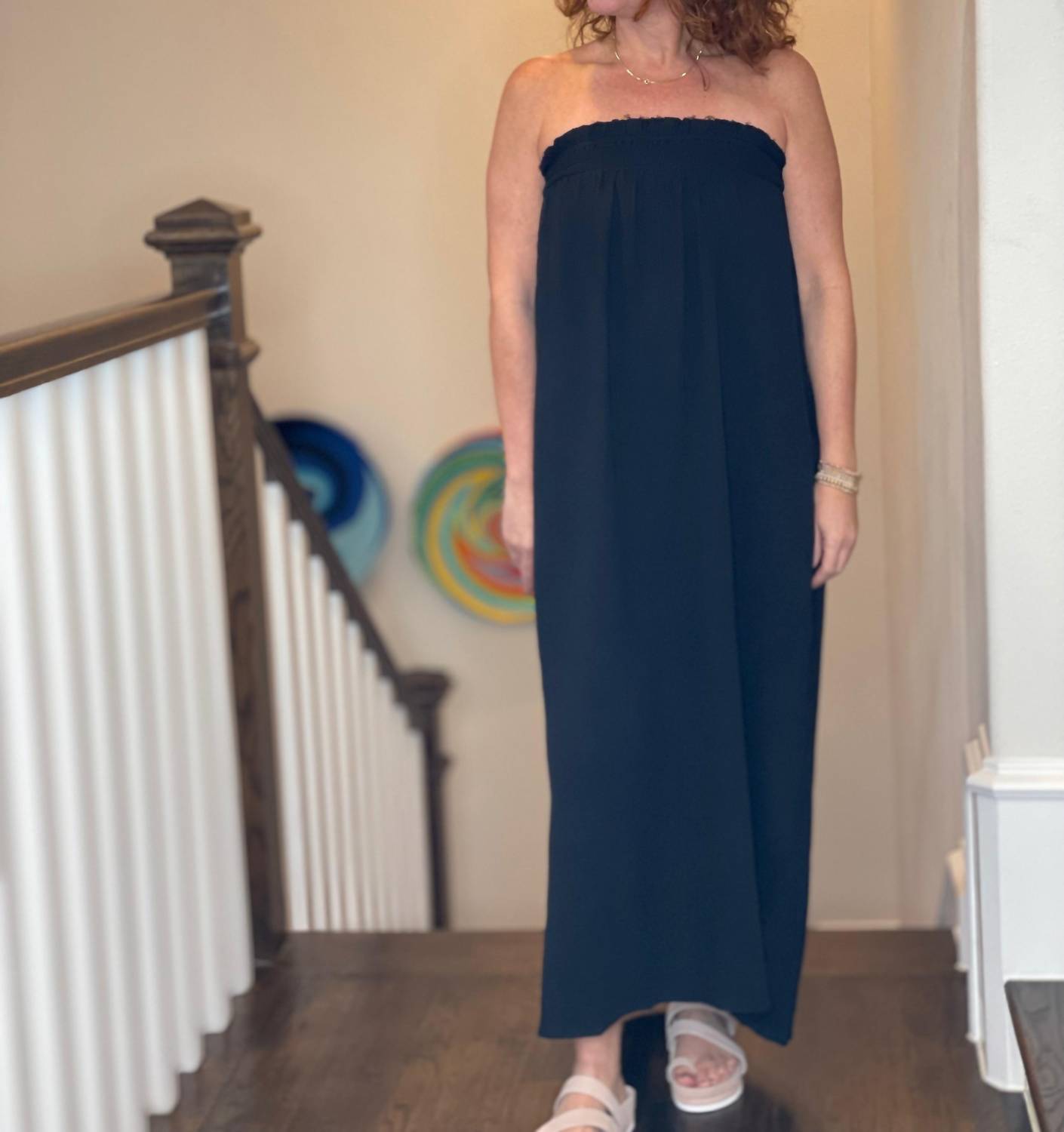 Before You Collection - Gauze Shirred Babydoll Strapless Maxi Dress - black - clothing - cotton - blend
