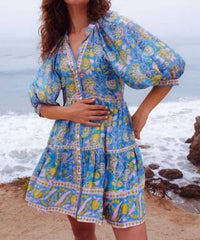 Bell - Clara Balloon Sleeves Mini Dress - blue - clothing - collection:vacationdresses(Auto)