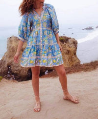 Bell - Clara Balloon Sleeves Mini Dress - blue - clothing - collection:vacationdresses(Auto)