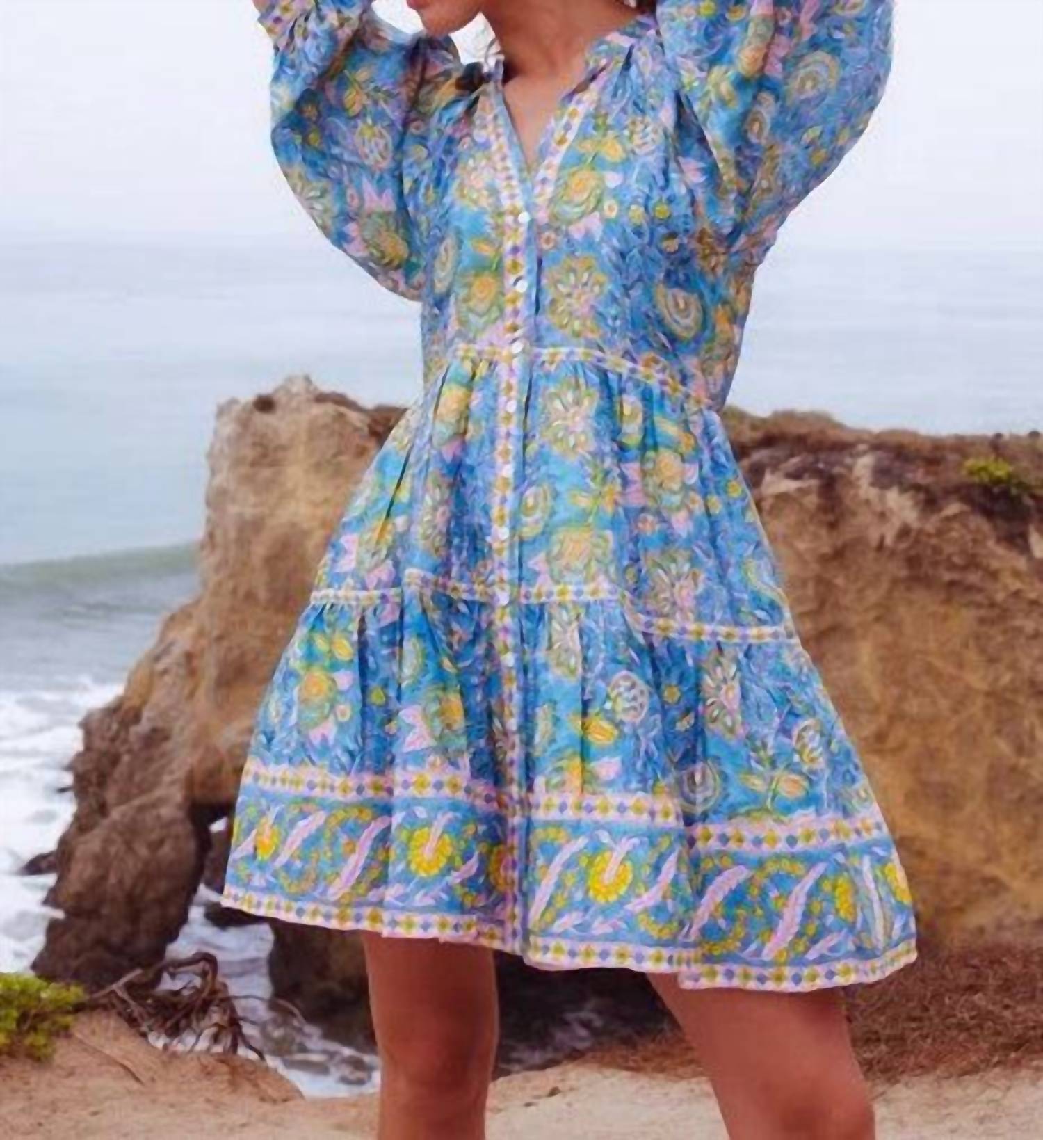 Bell - Clara Balloon Sleeves Mini Dress - blue - clothing - collection:vacationdresses(Auto)