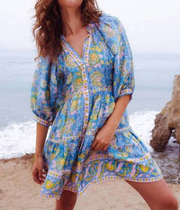 Bell - Clara Balloon Sleeves Mini Dress - blue - clothing - collection:vacationdresses(Auto)