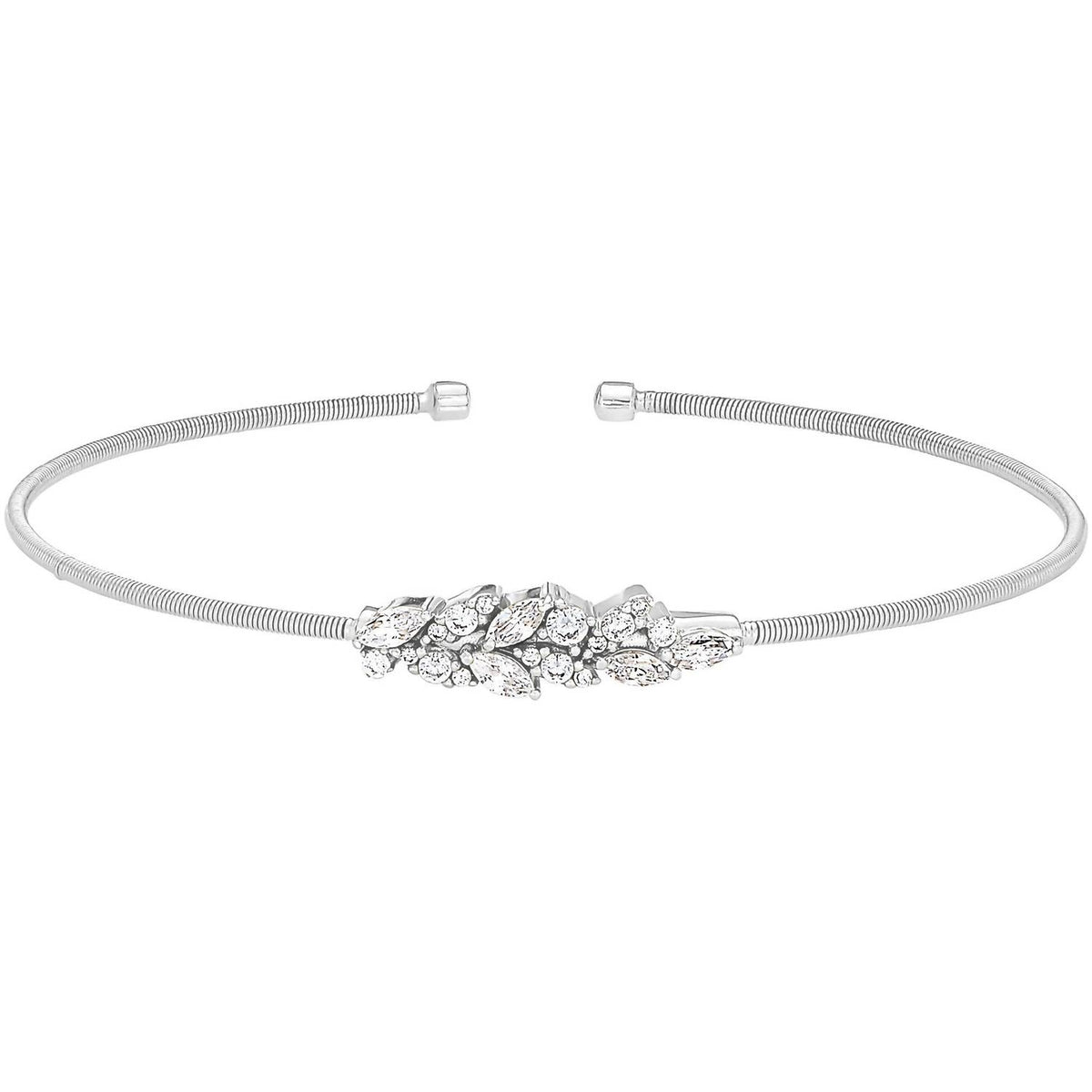Bella Cavo - Rhodium Cable Cuff Bracelet with Simulated Diamond Leaf Pattern
