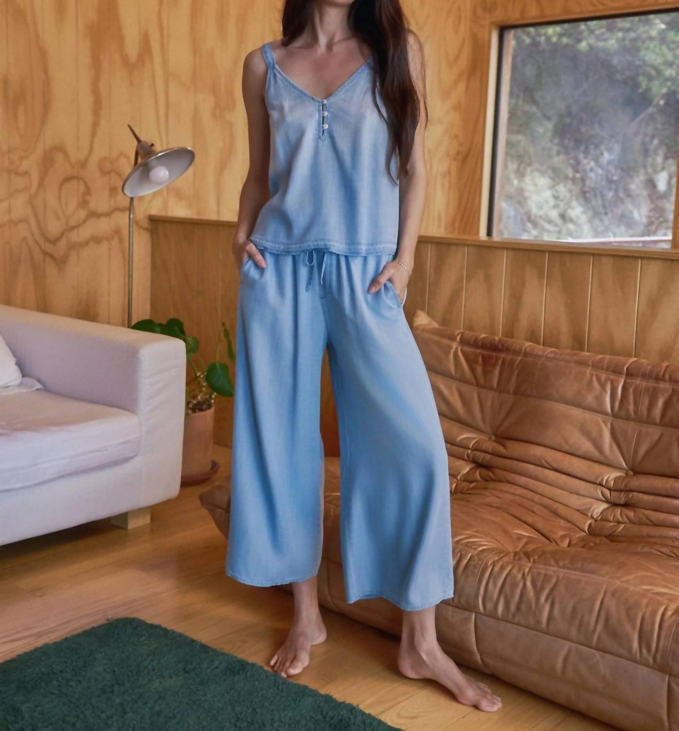 Bella Dahl - Ruffle Waist Wide Leg Crop Pants - ankle - blue - clothing