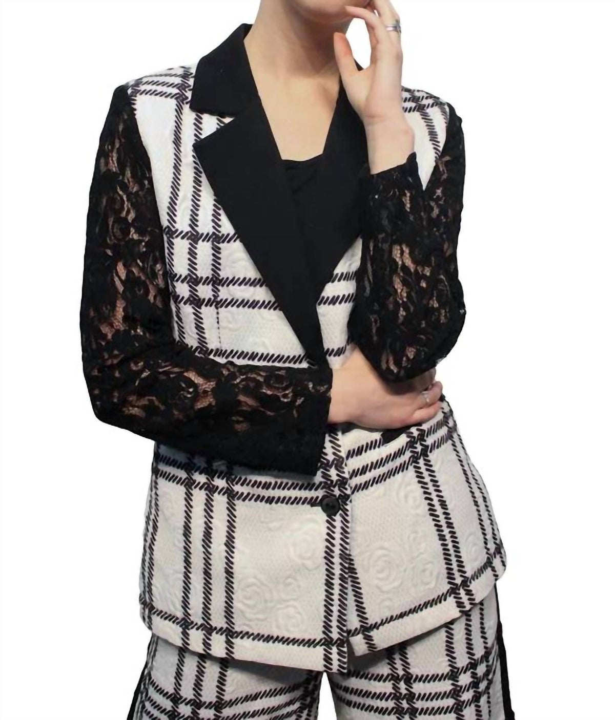 Berek - Plaid Texture And Lace Blazer
