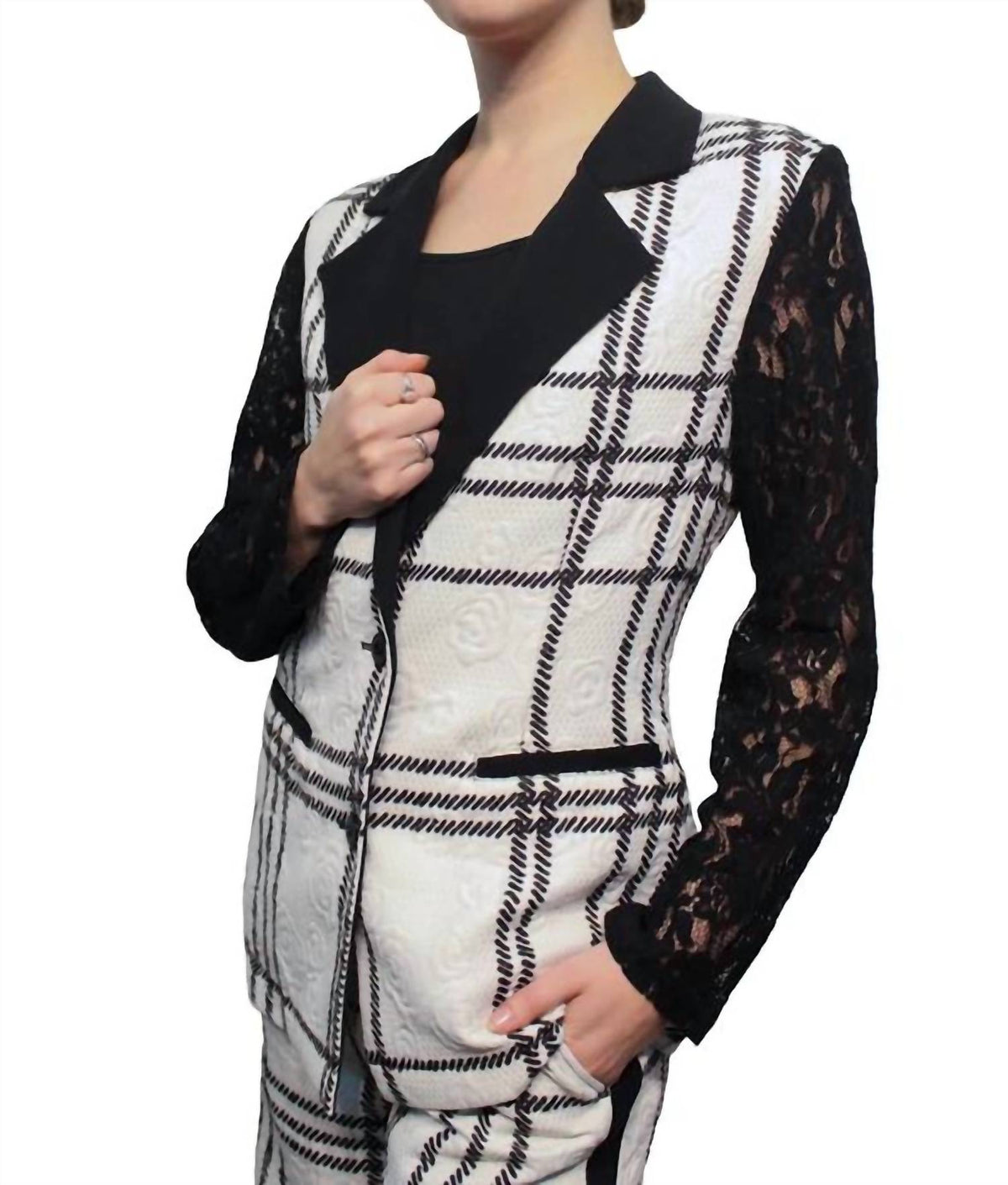 Berek - Plaid Texture And Lace Blazer
