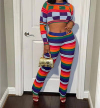Beston - Color Block Top and Pants Set