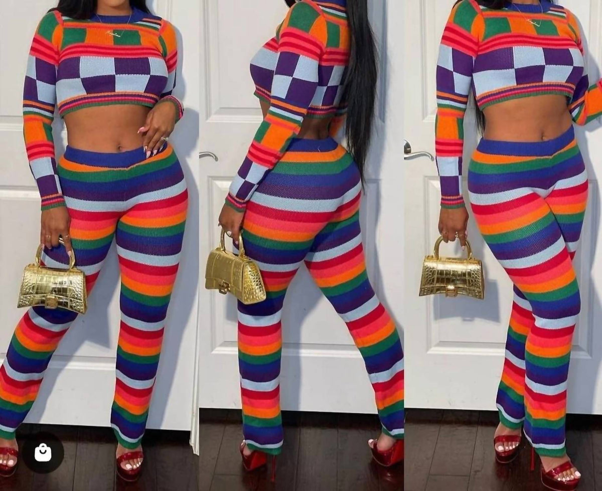 Beston - Color Block Top and Pants Set