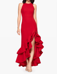 Betsy & Adam - Arielle Ruffle Slit Halter Crepe Gown - clothing - dresses - maxi