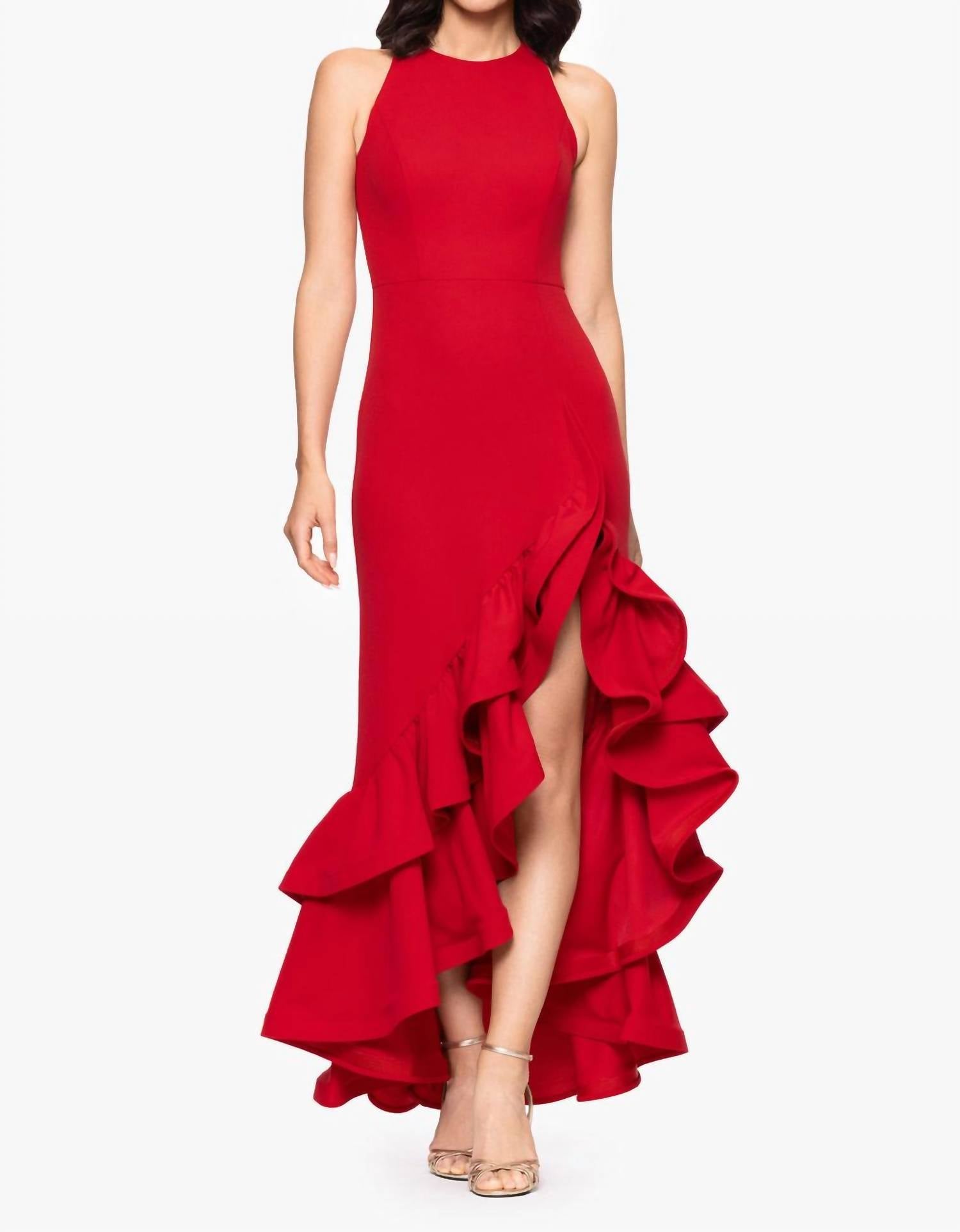Betsy & Adam - Arielle Ruffle Slit Halter Crepe Gown - clothing - dresses - maxi