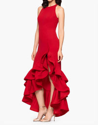 Betsy & Adam - Arielle Ruffle Slit Halter Crepe Gown - clothing - dresses - maxi