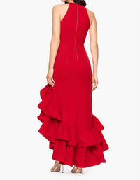 Betsy & Adam - Arielle Ruffle Slit Halter Crepe Gown - clothing - dresses - maxi