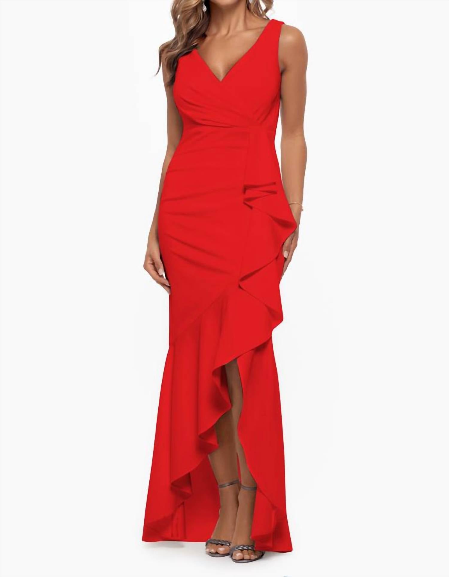 Betsy & Adam - Candace Long V - neck Hi Low Cascade Dress - clothing - dresses - maxi