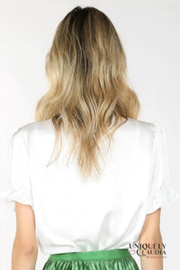 Beulahstyle - Desiree Ruffle & Rose Accent Satin Blouse