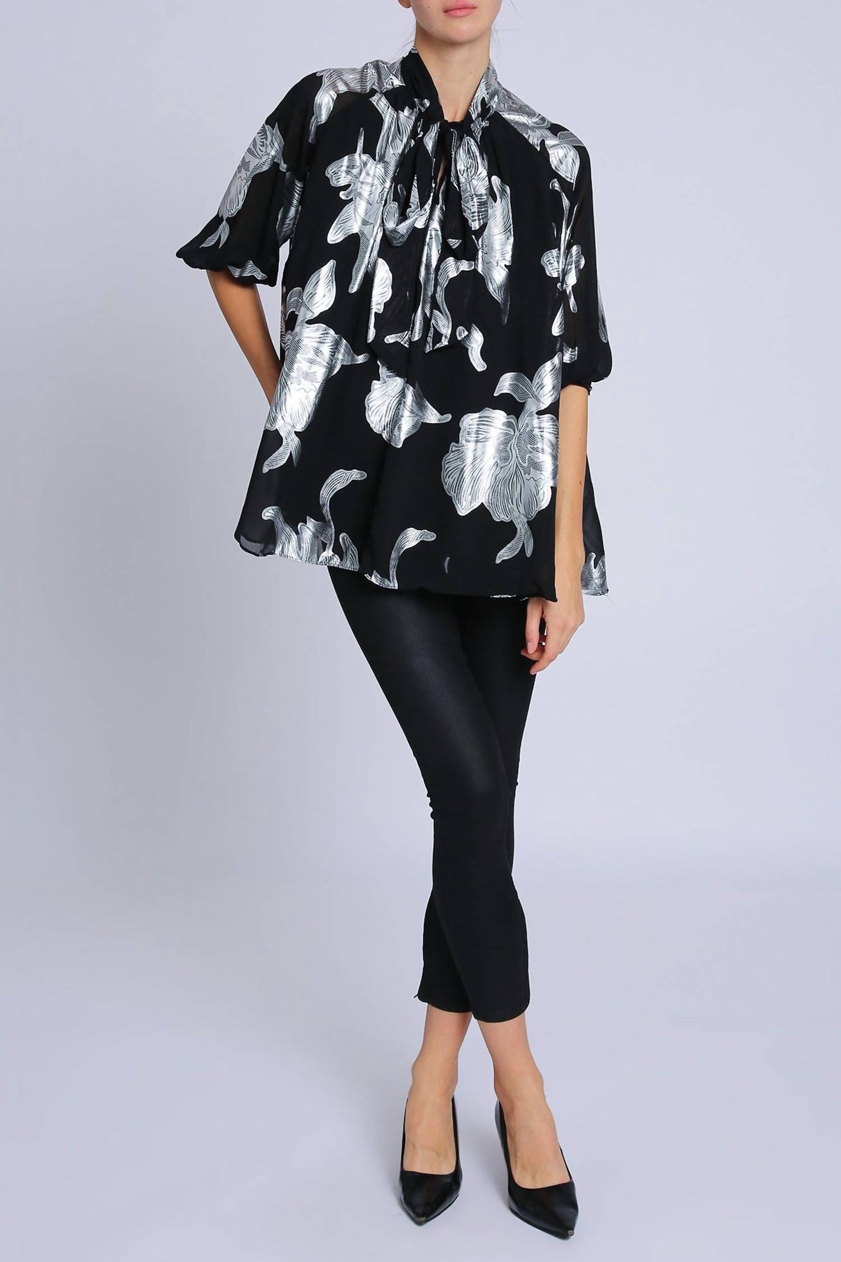 Beulahstyle - Foiled Floral Bowtie Blouse With Belt