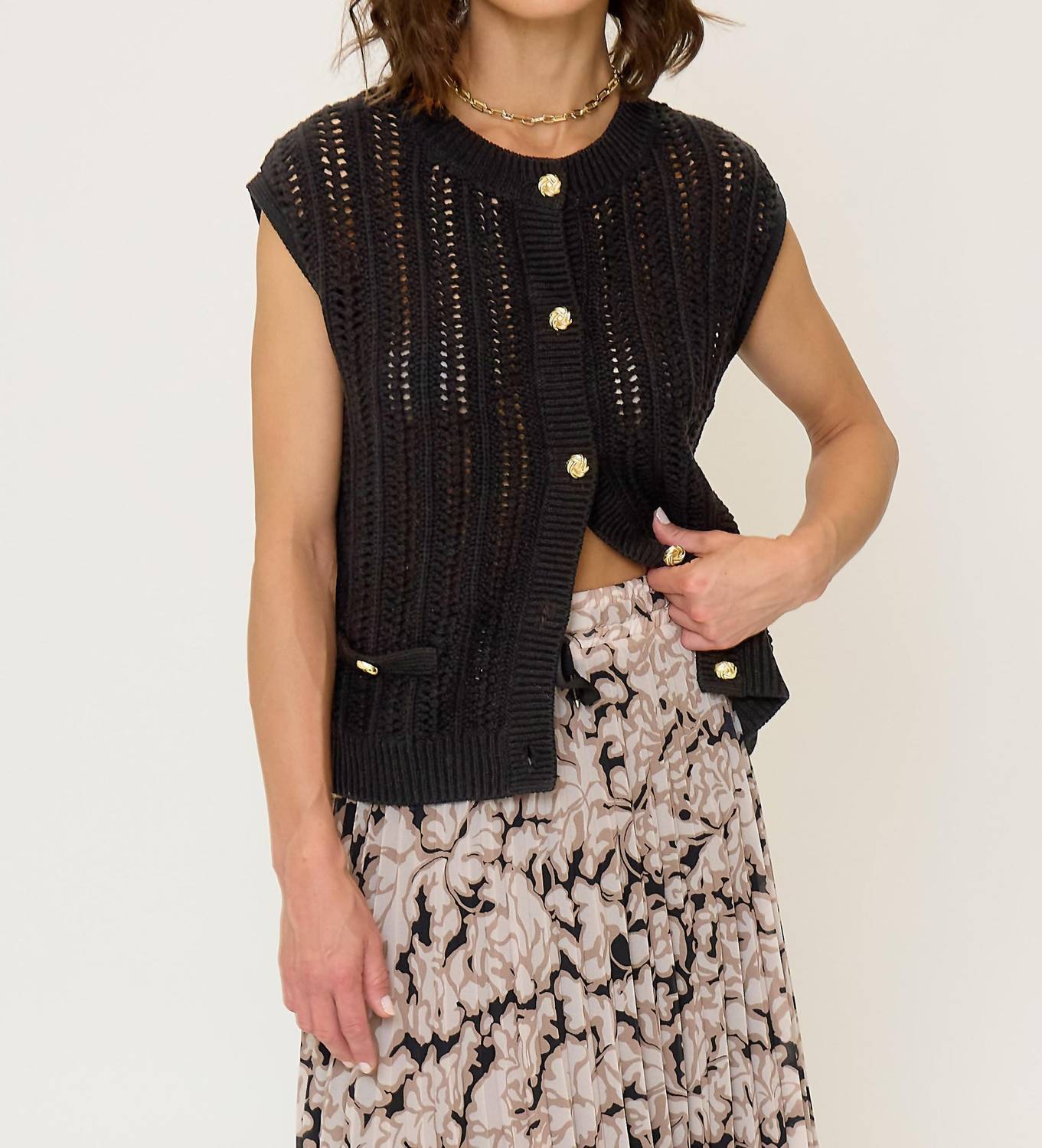 Central Park West Rose Open-Knit Cardigan in black - women's cardigan