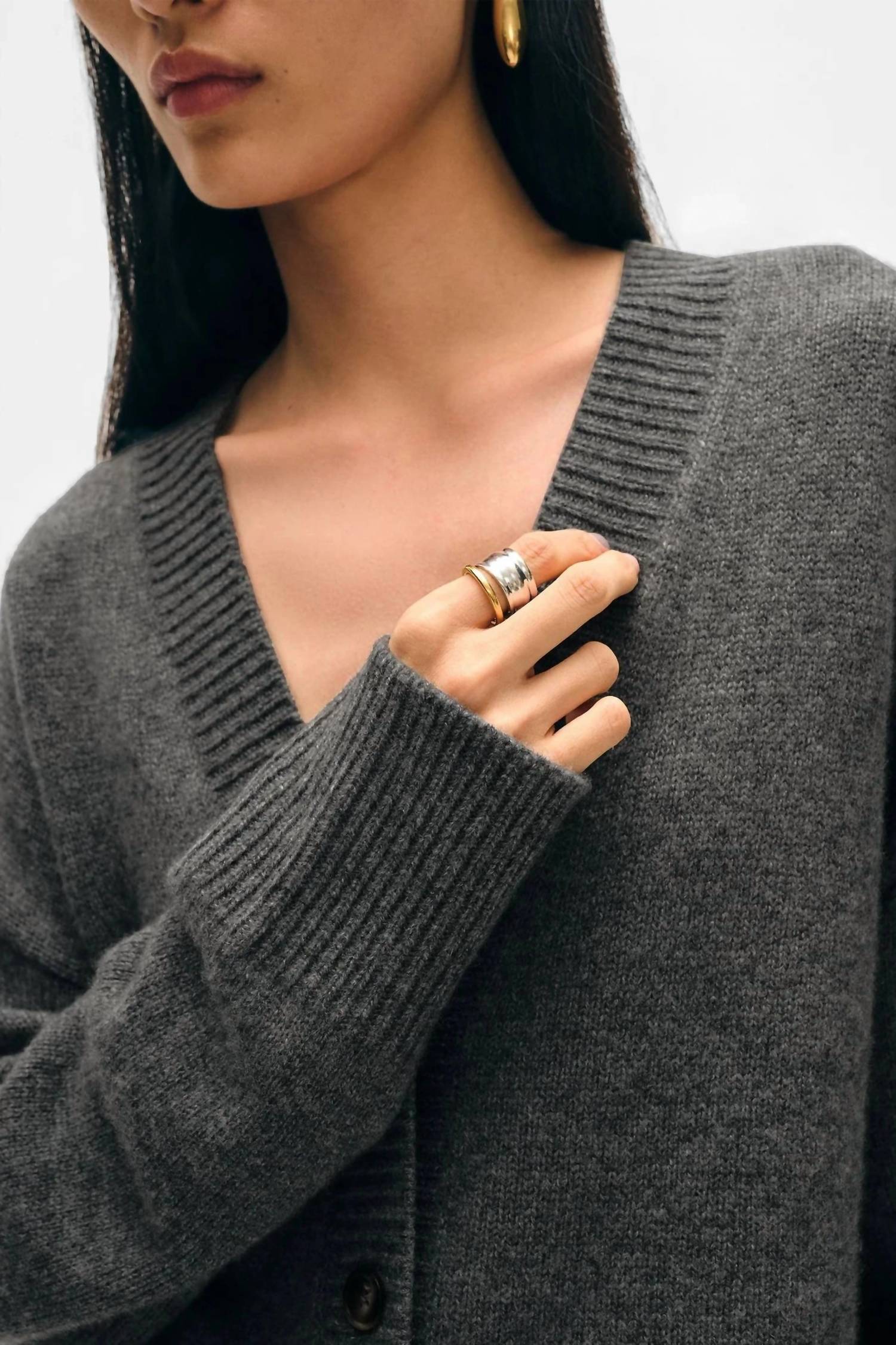 White + Warren Cashmere Luxe Pocket Cardigan in graphite - women's cardigan - alternate view