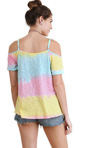 Umgee - Lace Up Cold Shoulder Color Block Top