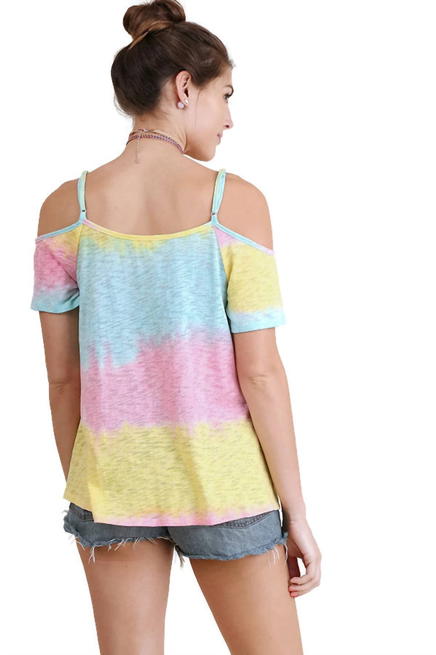Umgee - Lace Up Cold Shoulder Color Block Top