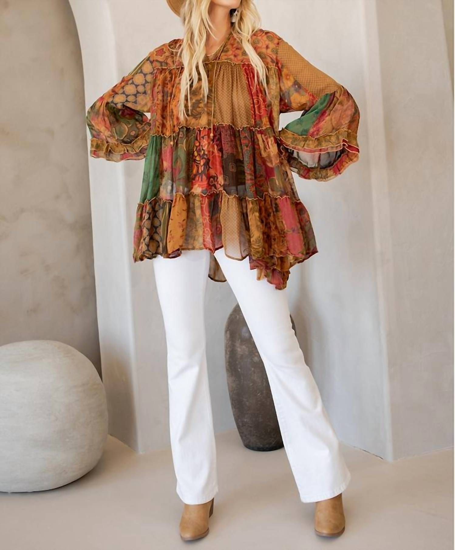 Young Threads Overdyed Chinese Collar Jhabla Top in camel - women's blouse - alternate view