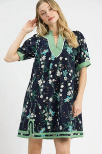 Umgee - Floral Puff Sleeve Dress With Contrast Trim