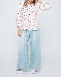 Renuar Heart Prints Button Blouse in scarlet combo - women's blouse - detail view