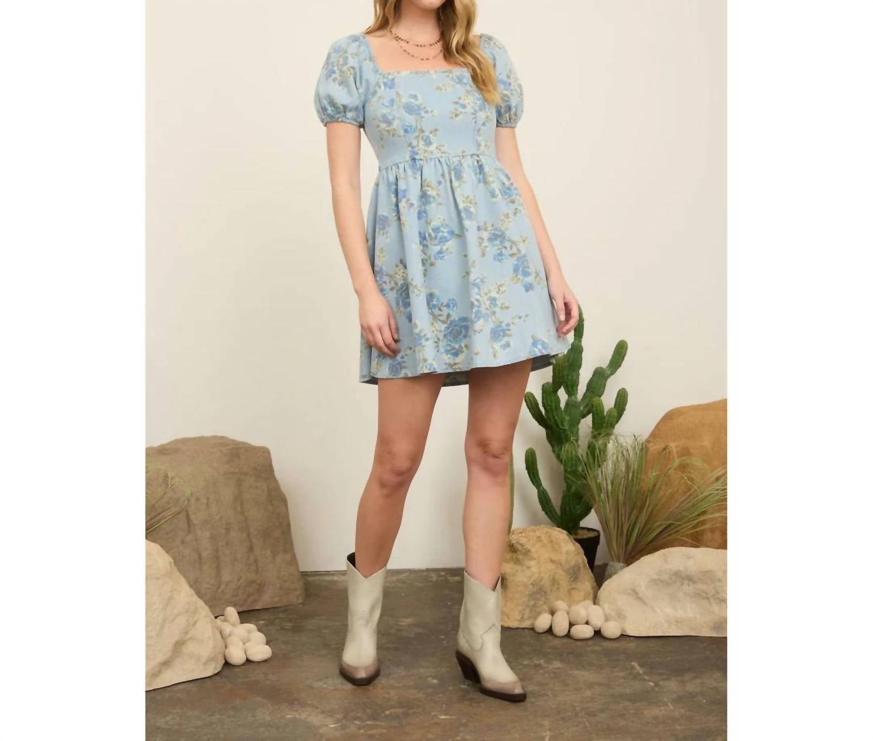 Blu Pepper - Floral Puff Sleeve Denim Dress