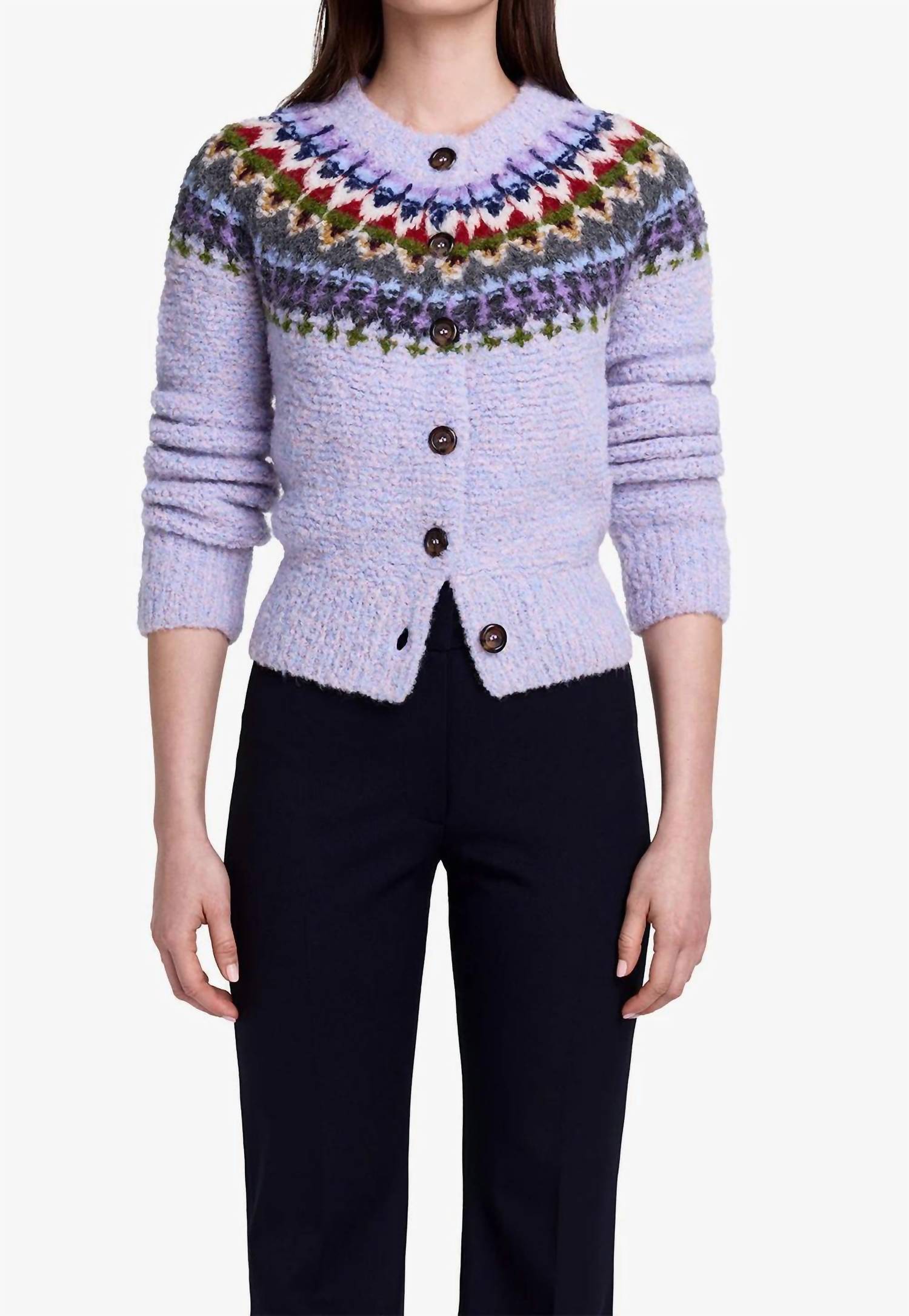 Smythe Handknit Granny Cardigan in lilac fair isle - women's cardigan