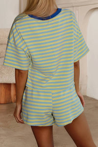 Shewin - Stripe Contrast Trim Boxy Terry Short Set