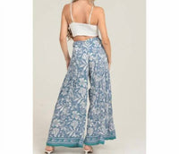 ANGIE Women's Floral Tie Waist Wide Leg Pants in blue - women's pants - detail view