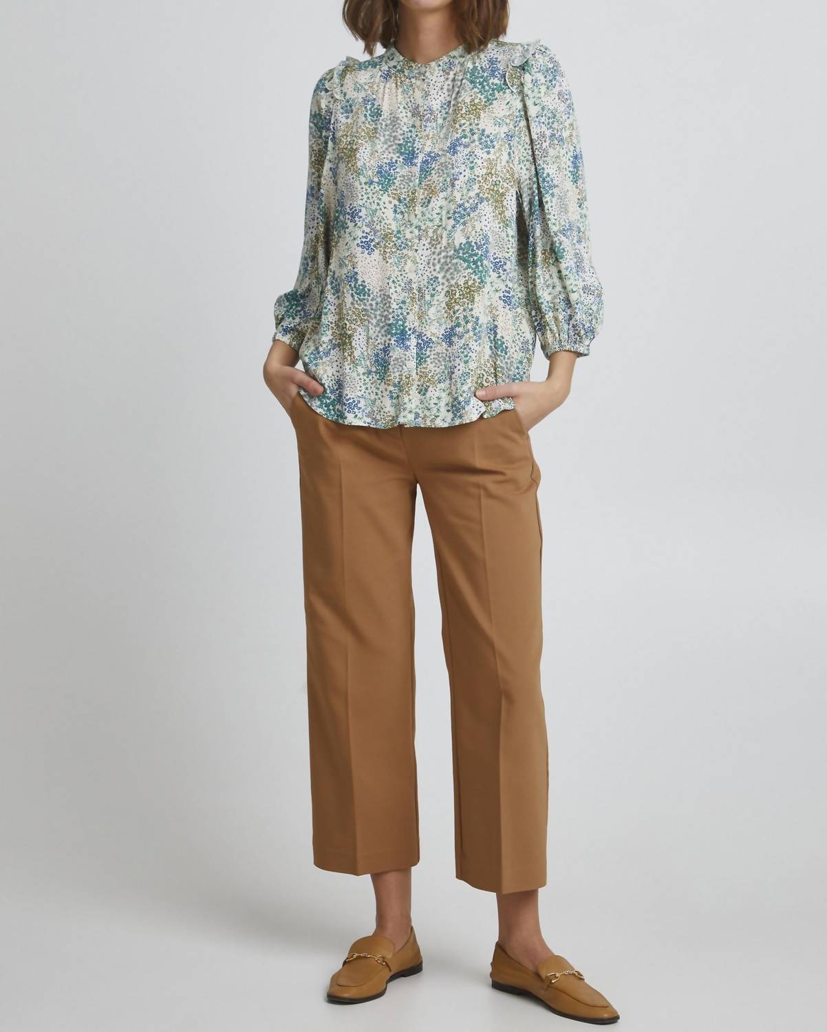 Fransa - Mandarin Collar Floral 3/4 Sleeve Blouse