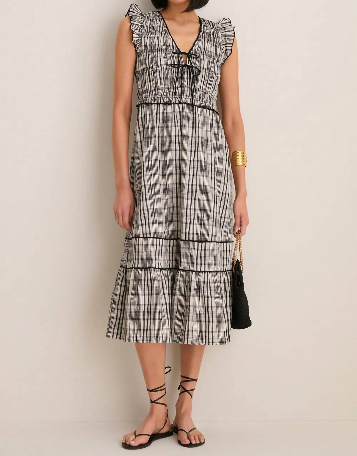 Greylin - Lacey Smocked Tie Front Midi Dress
