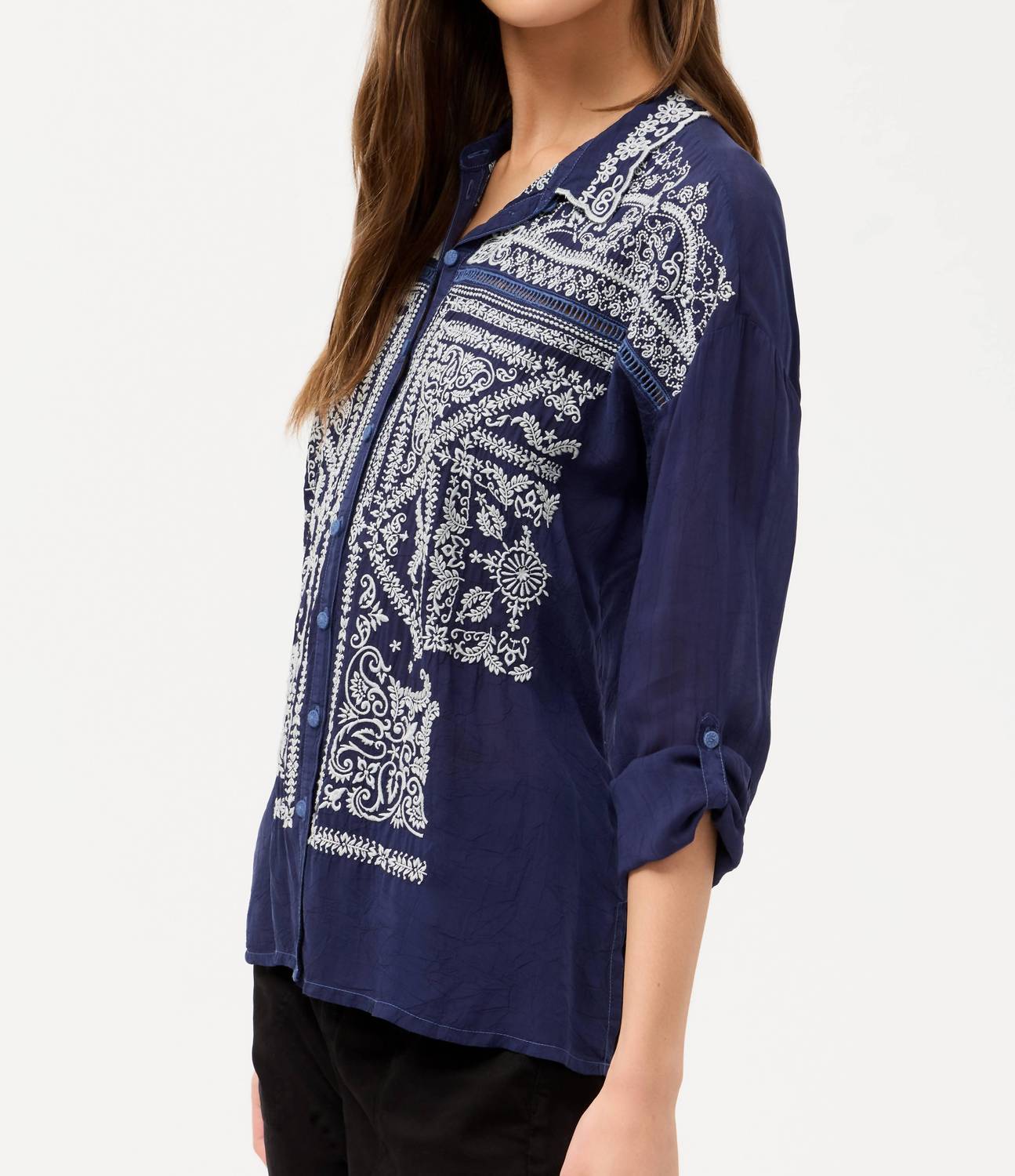 Johnny Was BANDANA SLIM AUDREY COLLARED SHIRT in blue night - women's blouse - detail view