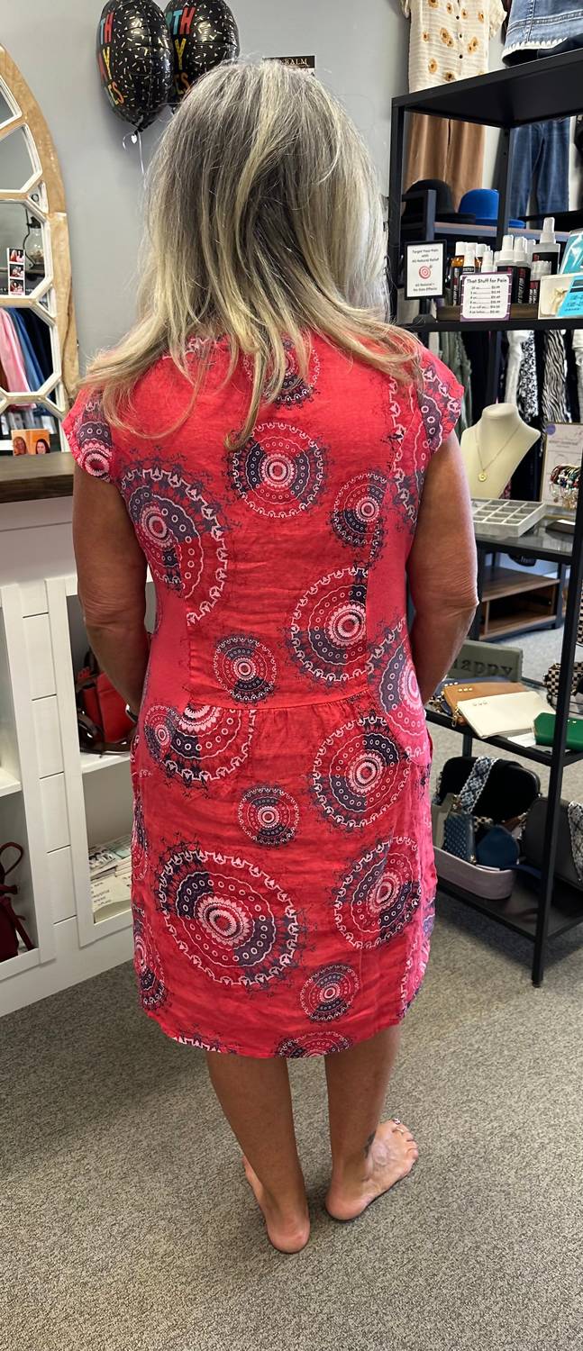 Femme Fatale Linen Print Midi Dress in scarlet - women's dress - alternate view