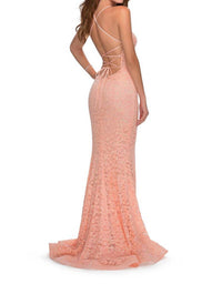 La Femme Sequin Lace Prom Dress in peach - women's dress - detail view