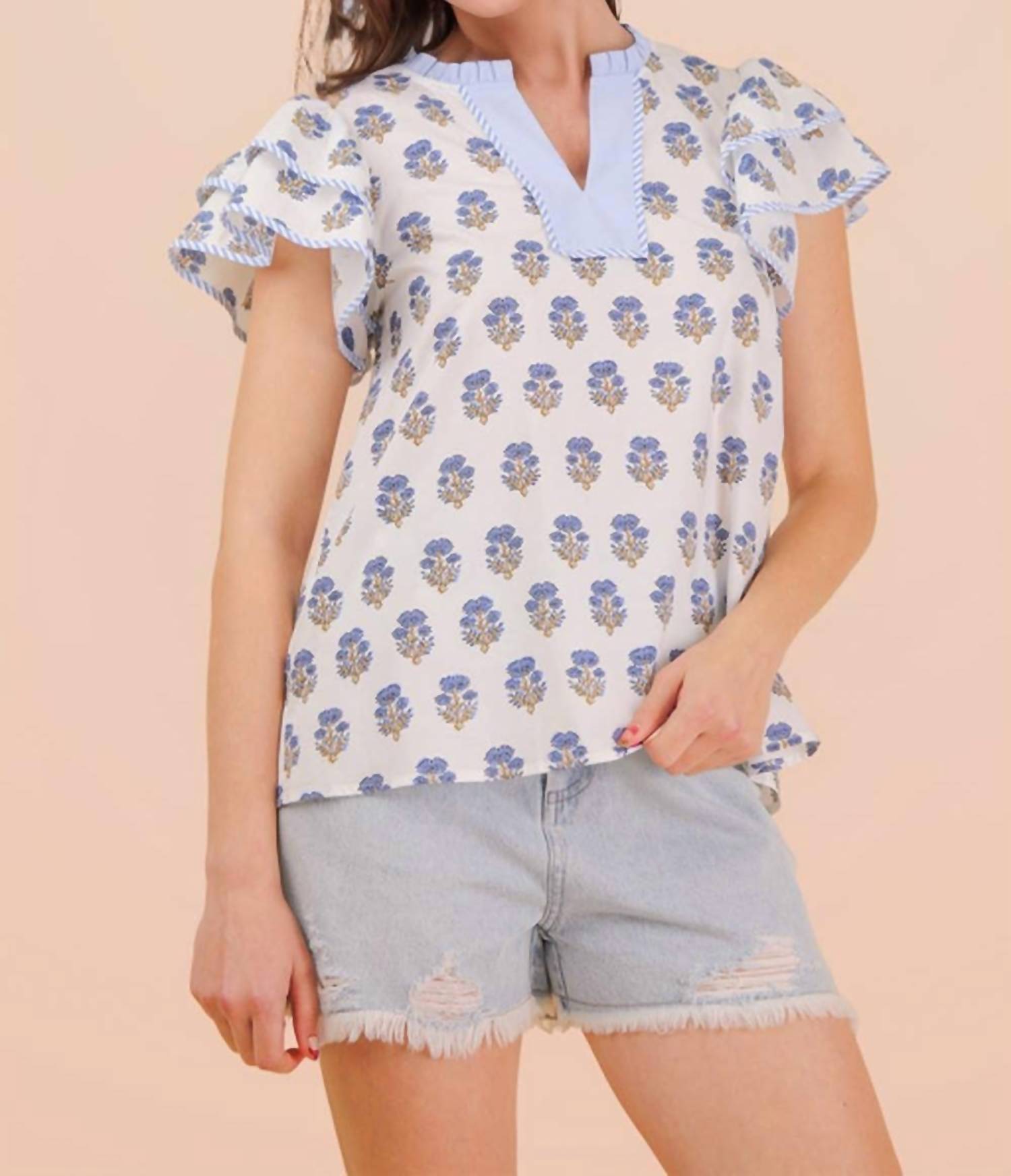 Very J - Ruffle Sleeve Printed Woven Blouse Top