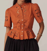 LOVE THE LABEL Elizabeth Short-sleeve Lace Blouse in cinnamon - women's blouse