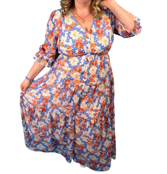 First Love - Floral Print 3/4 Sleeve Button Down Chiffon Dress