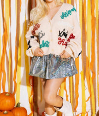 QUEEN OF SPARKLES Thanks Glitter Script Cardigan in beige multi - women's cardigan - alternate view