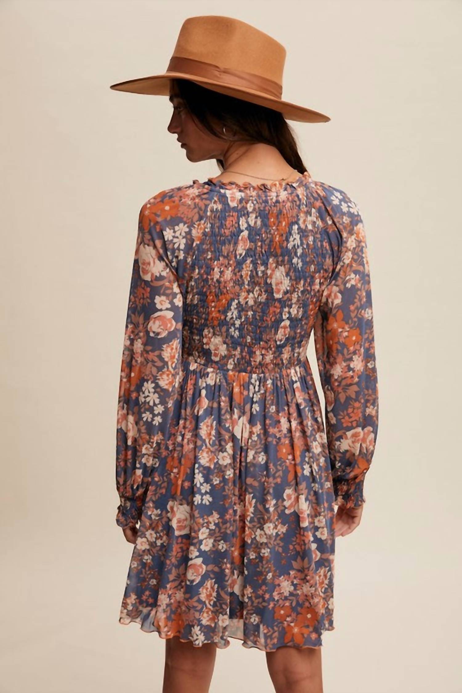 Listicle - Floral Print Smocked Long Sleeve Dress