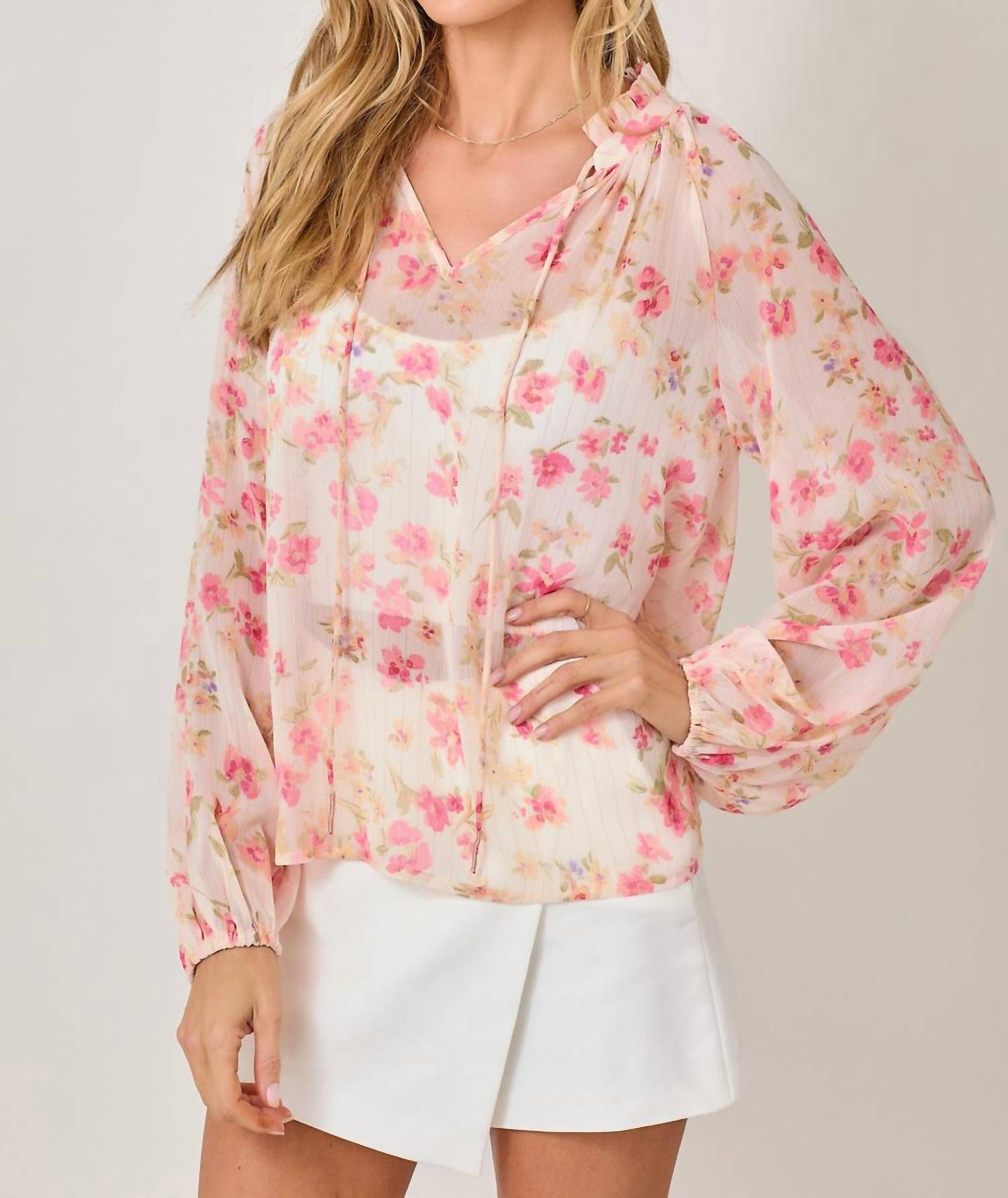 Mystree - Bubble Sleeve Lurex Ruffle Collar Blouse